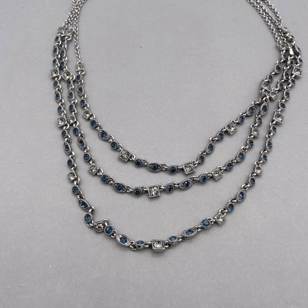 Givenchy Blue & Clear Crystal Multi Strand Necklace Silver-Tone 18 to 20 in - Picture 4 of 8